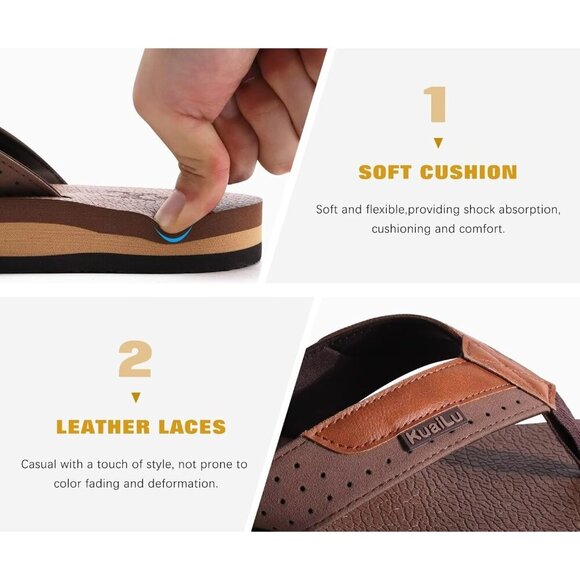 〽️Men\'s Flip Flop Sandal Brown White Leather Slip On Arch Support Comfort Shoes